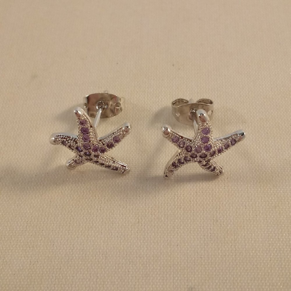 18K White Gold Filled Starfish Sea Life Purple Diamond Zircon Star Stud Earrings - Picture 3 of 6